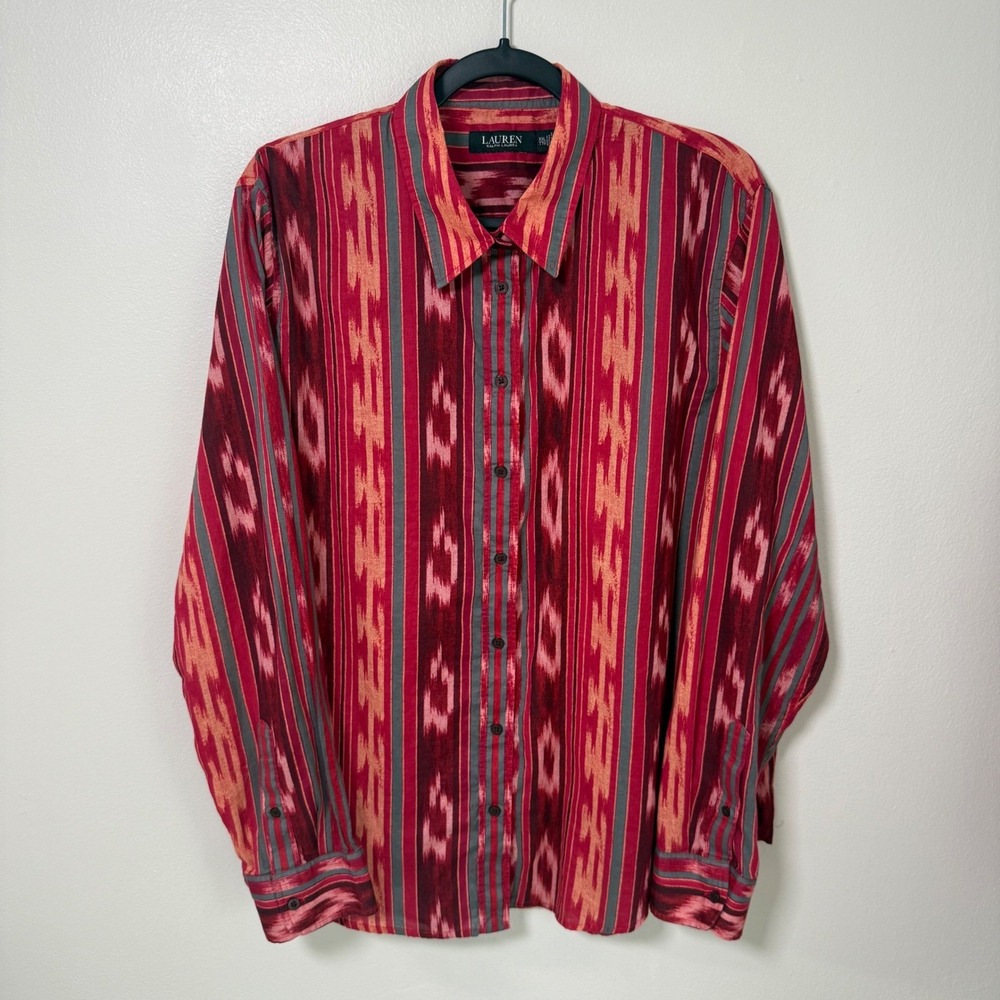 Lauren Ralph Lauren XXL Red Ikat Stripe Cotton Button Down Shirt Long Sleeve